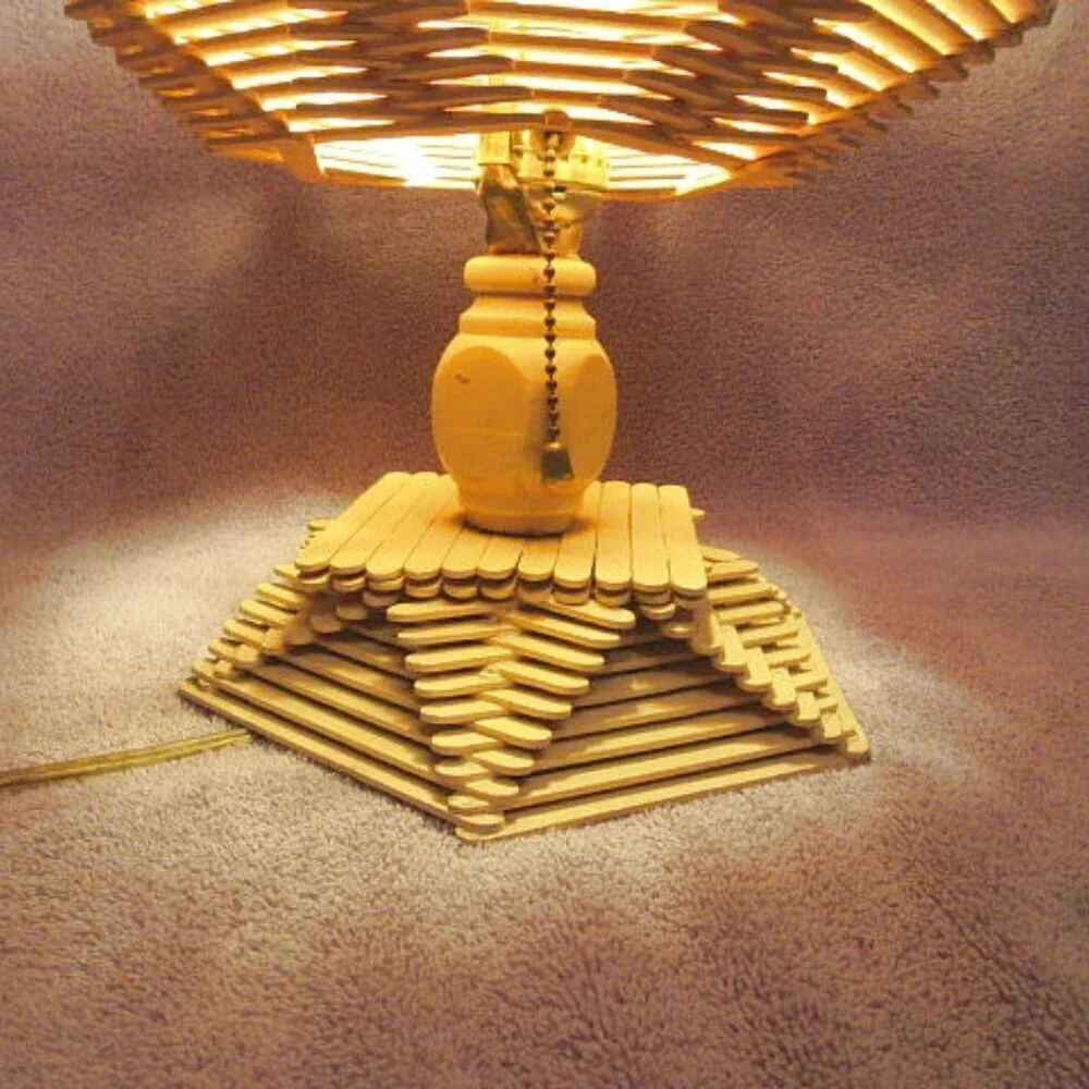 Vtg Popsicle Stick Table Lamp And Shade Wired Folk Tramp Art Boho MCM 60s Hippie